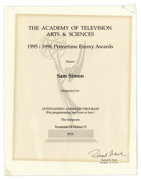 Emmy Nomination for ''The Simpsons'' Given to Sam Simon in 1996 -- From the Sam Simon Estate