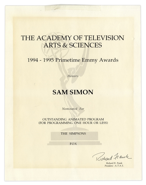 Emmy Nomination for ''The Simpsons'' Given to Sam Simon in 1995 -- From the Sam Simon Estate
