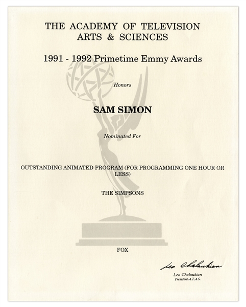 Emmy Nomination for ''The Simpsons'' Given to Sam Simon in 1992 -- From the Sam Simon Estate