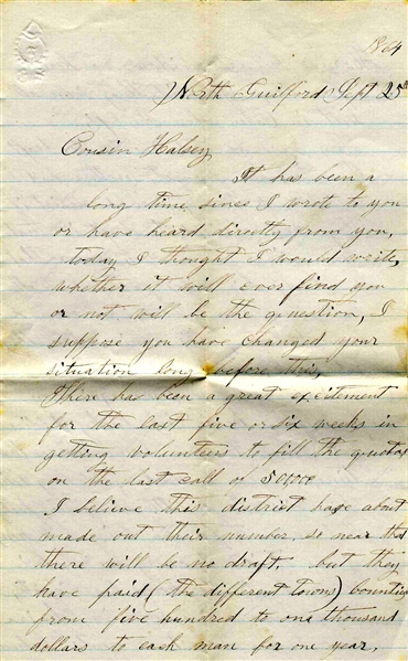 1864 Civil War Letter Regarding Lincoln's Controversial Military Draft -- ''...There has been a great excitement...in getting volunteers to fill the quotas on the last call of 500,000...''