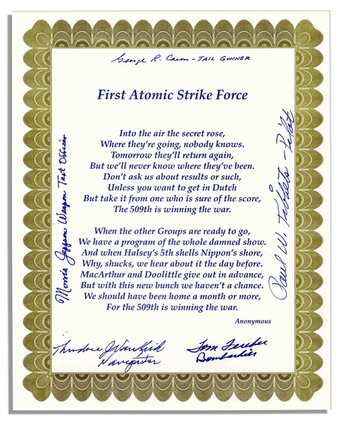 Enola Gay Poem Signed by Five Crew Members Including Tibbets, Jeppson, Caron & Ferebee