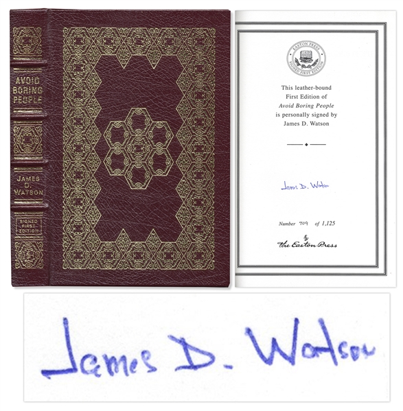 James D. Watson ''Avoid Boring People''  Signed Book -- Bound in Leather With 22kt Gold Detailing