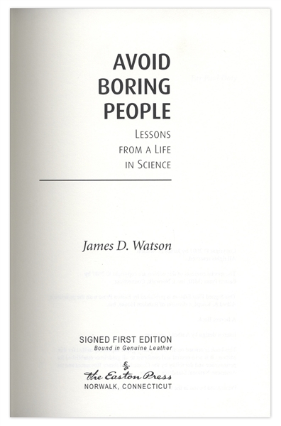 James D. Watson ''Avoid Boring People''  Signed Book -- Bound in Leather With 22kt Gold Detailing