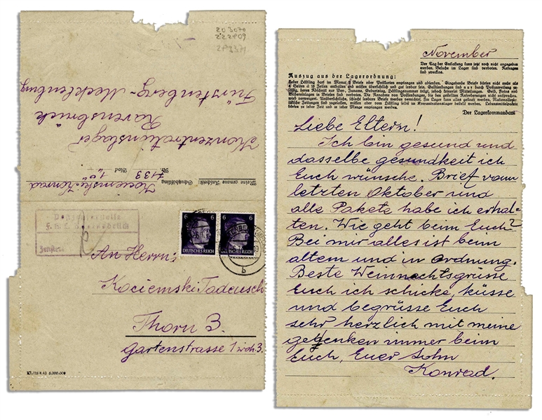 Concentration Camp Victim at Ravensbrueck Writes to His Parents -- ''...How are you? Same old, same old here and everything in order. I wish Merry Christmas and send you kisses...''