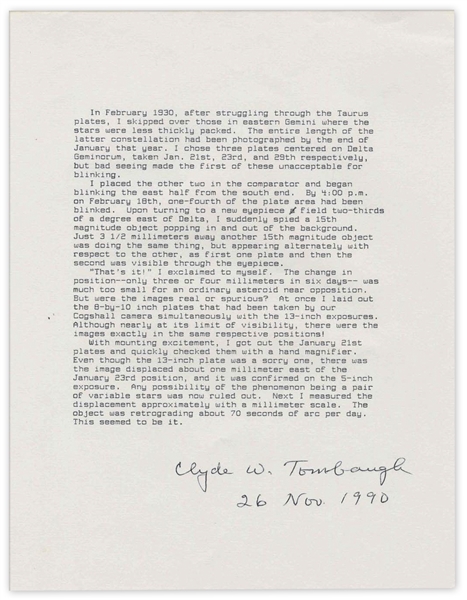 Astronomer Clyde Tombaugh Signed Description of Discovering Pluto -- ''...I suddenly spied an object 'That's it!' I exclaimed to myself...''