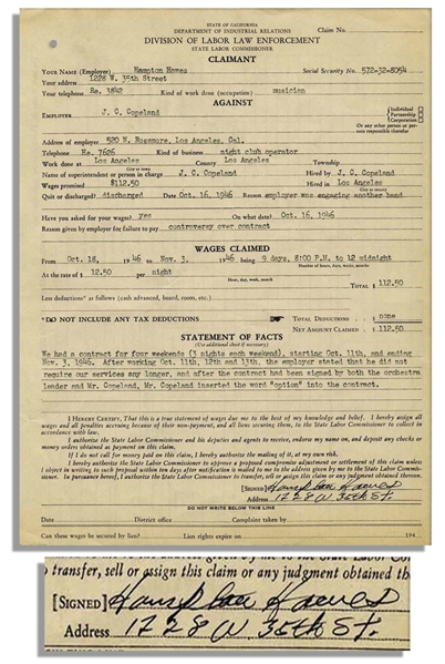 Jazz Musician Hampton Hawes Files a Claim for Wages Not Paid in 1946 -- Signed ''Hampton Hawes''