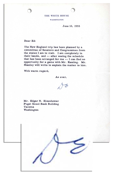 Dwight Eisenhower Typed Letter Signed as President -- ''...The New England trip has been planned by a committee of Senators and Congressmen...I am completely in their hands...''