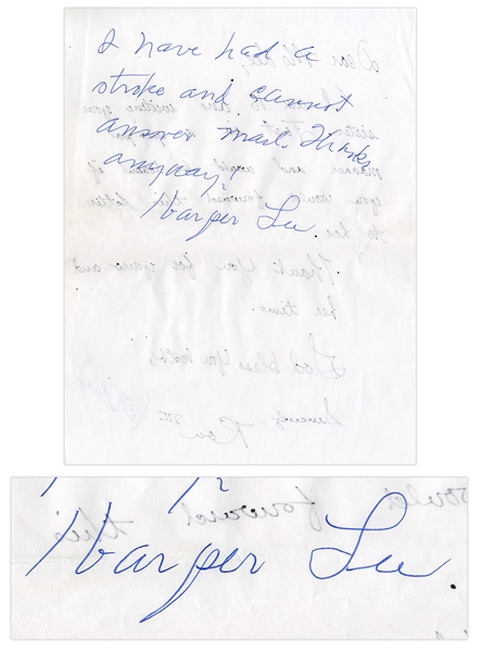 Harper Lee Autograph Note Signed -- Lee Pens a Response Writing That She Can't Respond