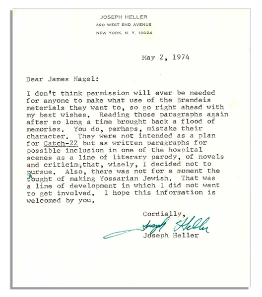 Joseph Heller on His Catch-22 Protagonist -- ''...not for a moment the thought of making Yossarian Jewish. That was a line of development in which I did not want to get involved...''