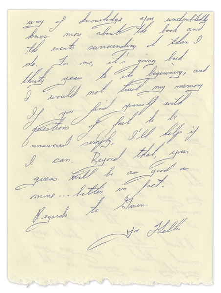 Joseph Heller Autograph Letter Signed -- ''...About Catch-22...you undoubtedly know more about the book and the events surrounding it than I do...I would not trust my memory...''