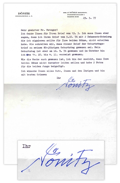 German Admiral Karl Donitz Typed Letter Signed -- Hitler's Successor