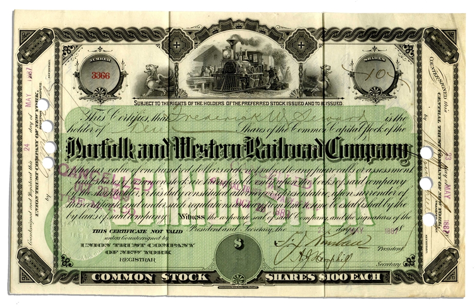 Frederick W. Seward Document Signed -- 1889 Railroad Stock Certificate