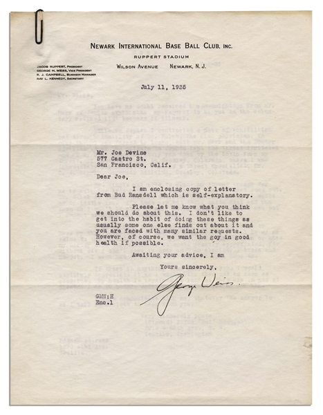 Baseball Hall of Famer George Weiss Typed Letter Signed to West Coast Scout Joe Devine