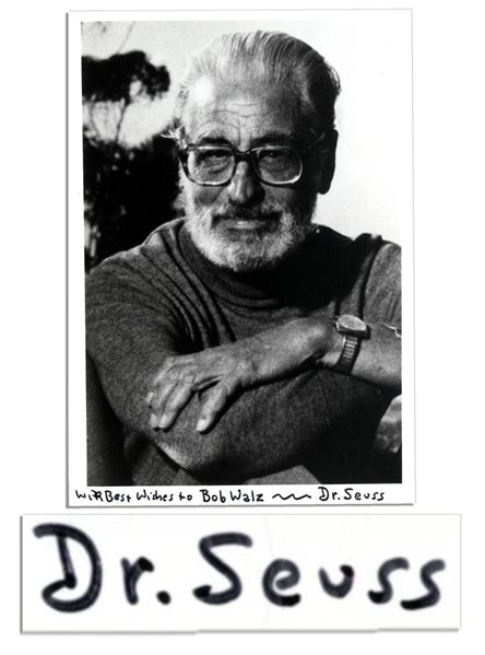 Dr. Seuss Signed 5'' x 7.25'' Photo -- ''With Best Wishes to Bob Walz - Dr. Seuss'' -- Light Creasing, Else Near Fine