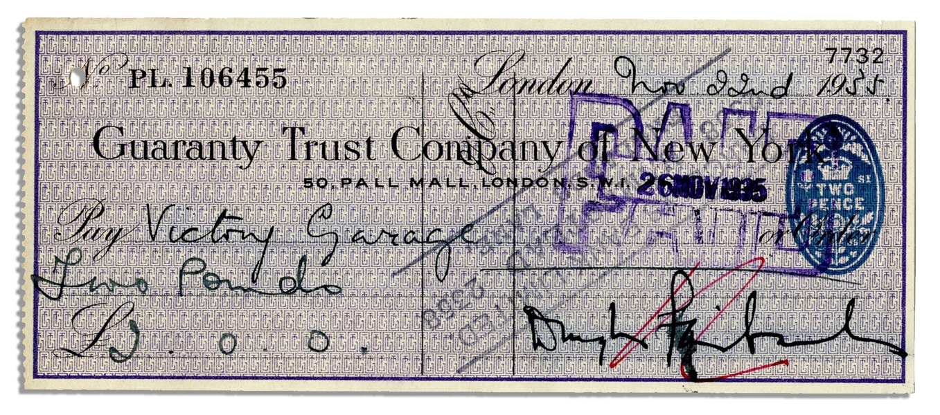 Check Signed by Douglas Fairbanks, Sr. -- 22 November 1935 -- Cancellation Stamps, Smudging and Red Mark to Signature -- Overall Very Good