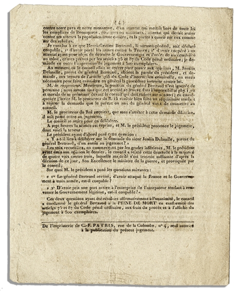 Published Death Sentence for Henri Bertrand -- ''...Bertrand was the first among the French who accompanied Bonaparte in his enterprise against France...''