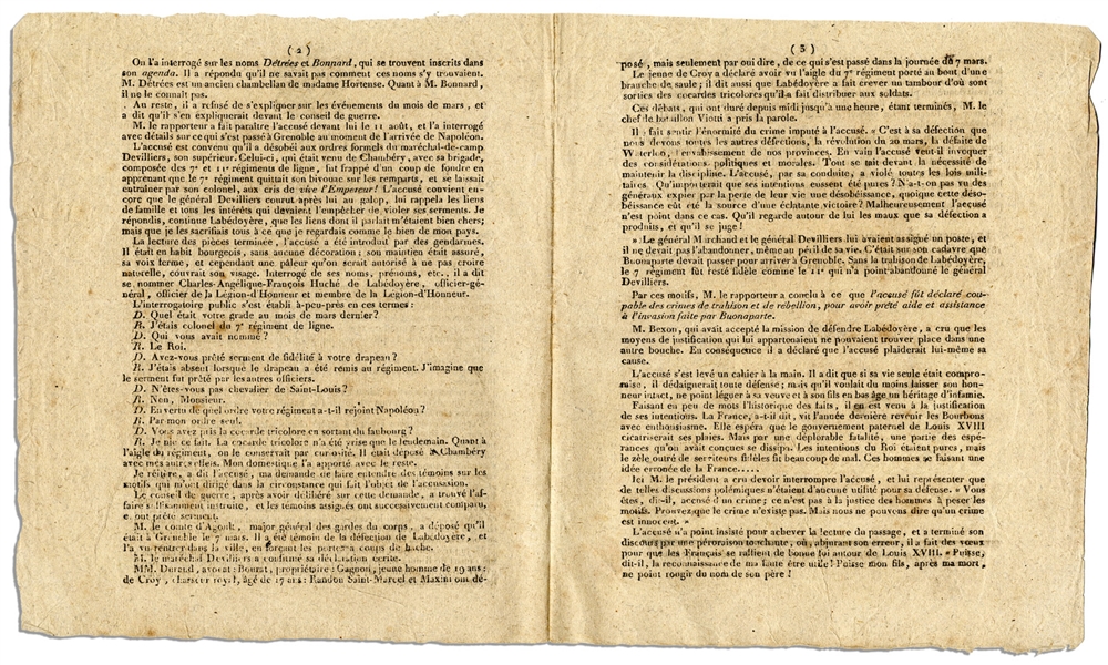 Death Sentence for Napoleon's Aide, General Charles de la Bedoyere -- ''...convicted of crimes of treason and rebellion, for having lent support in the invasion made by Bonaparte...''