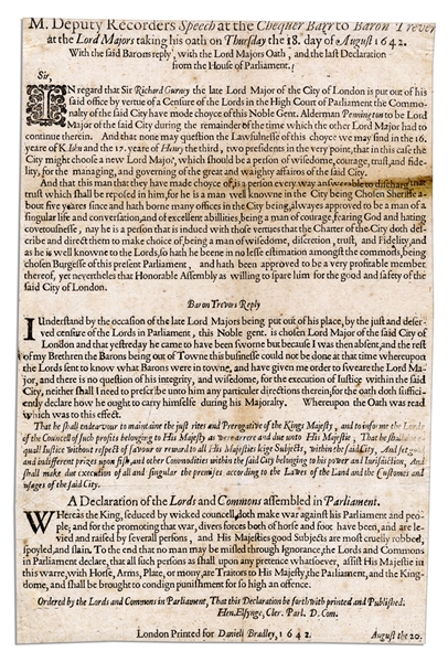 Charles I English Civil War Broadside -- ''...Whereas the King, seduced by wicked councell, doth make war against his Parliament and people...'' -- 1642