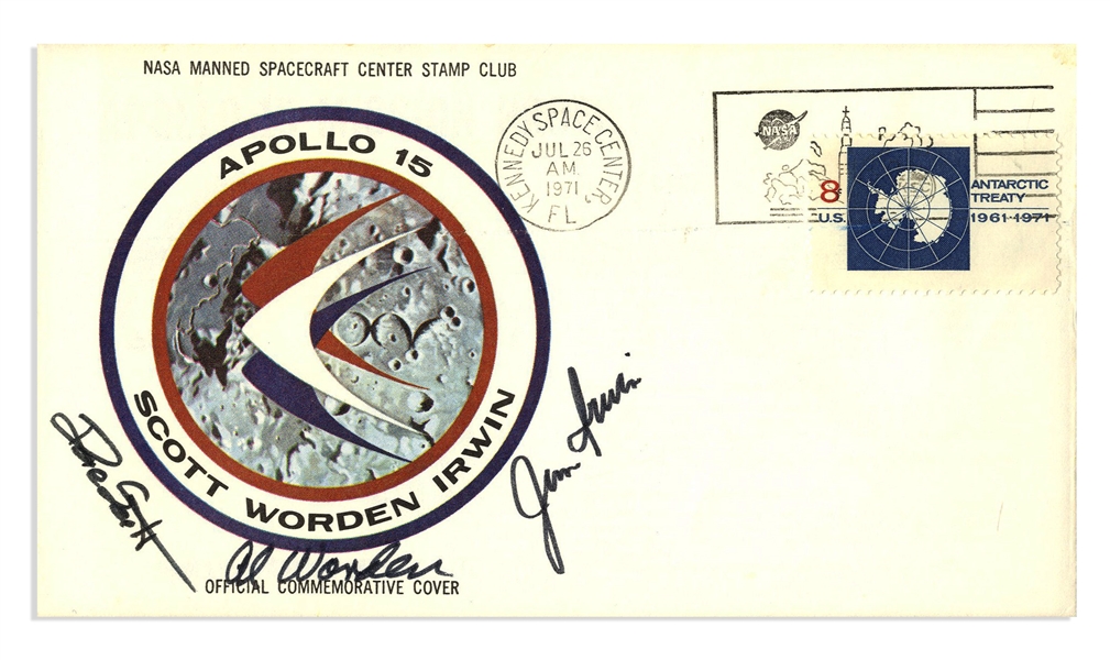 Apollo 15 Crew-Signed NASA Issued Astronaut Insurance Cover -- ''Al Worden'', ''Dave Scott'' & ''Jim Irwin'' -- Cancelled 26 July 1971 -- 6.5'' x 3.75'' -- Near Fine -- With COA From Worden