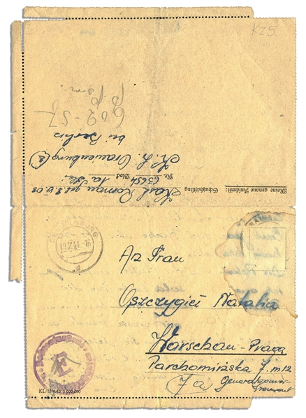 1944 Autograph Letter Signed From a Sachsenhausen Concentration Camp Prisoner -- ''...I am very thankful...''