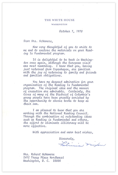 First Lady Pat Nixon 1970 Typed Letter Signed to Wife of Robert McNamara -- ''...It is delightful to be back in Washington once again...''