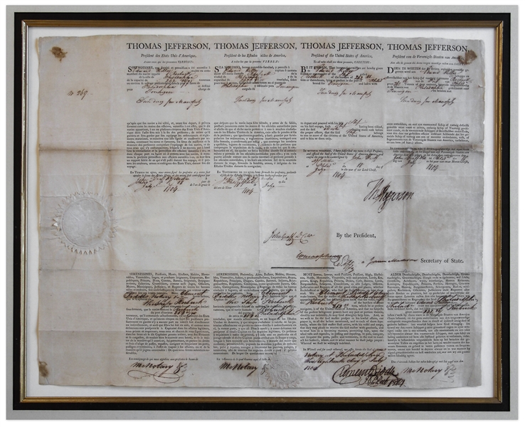 Thomas Jefferson & James Madison Signed 1804 Ship's Passport -- Beautifully Framed Display
