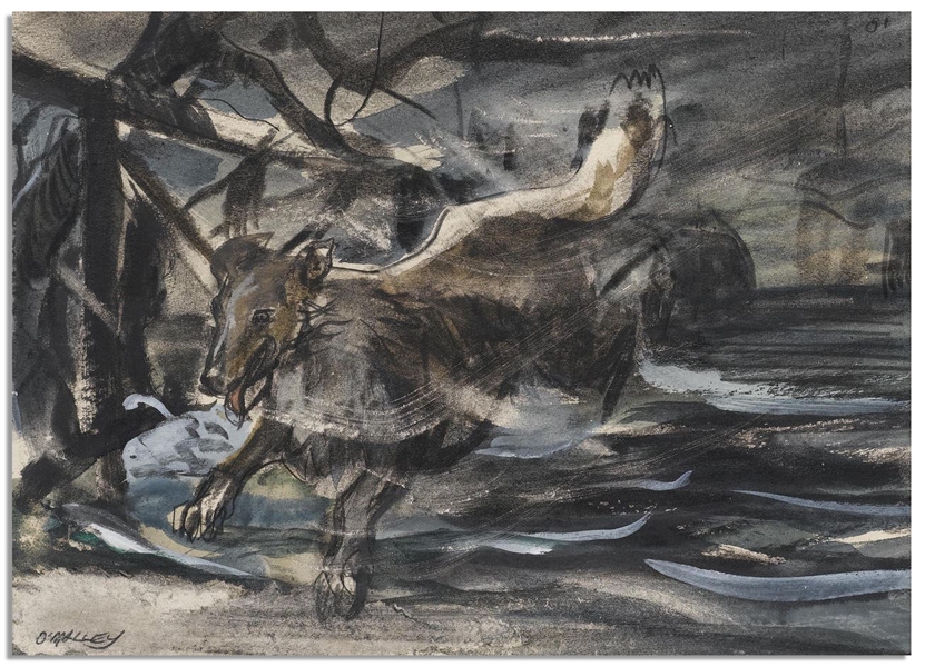 Rare 1940's ''Lassie'' Storyboard -- Painting Depicts the Most Famous Dog in Hollywood Running Through a Wintry Setting