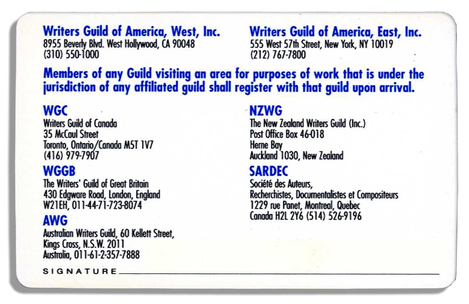 Milton Berle's 1996 Writer's Guild of America Card