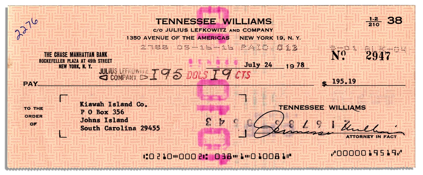 Tennessee Williams Signed Check