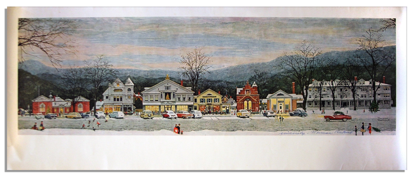 Master of Americana, Norman Rockwell Signed Print of His Well-Known Piece ''Stockbridge Main Street at Christmas''