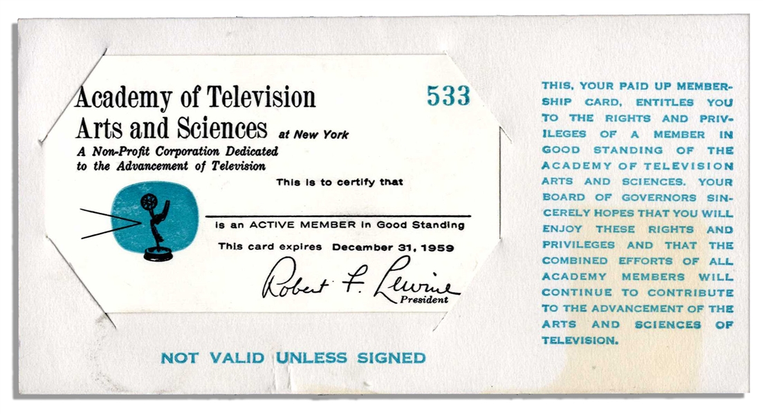 ''Mr. Television'', Milton Berle Academy of Television Arts and Sciences 1959 Membership Card