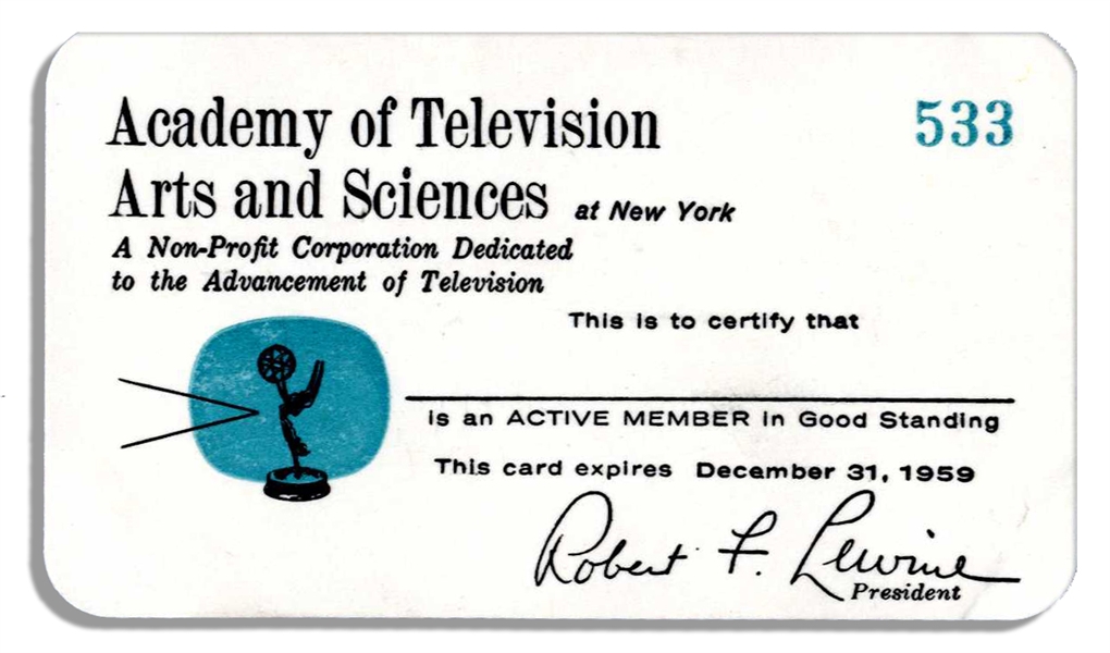 ''Mr. Television'', Milton Berle Academy of Television Arts and Sciences 1959 Membership Card