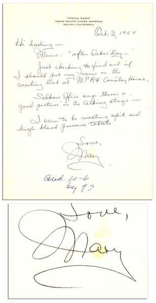 Mary Astor Autograph Letter Signed ''...I seem to be wasting spit and high blood pressure tablets...''
