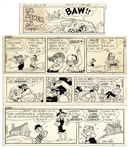 Lot of 4 Lil Abner Comic Strips From 1976 -- Hand-Drawn & Signed by Capp Featuring Daisy Mae, Lil Abner, A Shmoo & Honest Abe -- Sizes Vary, Approximately 19.5 x 6.25 -- Very Good