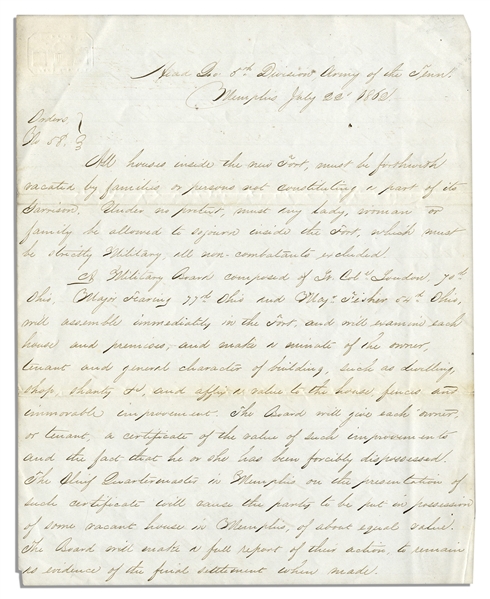 William T. Sherman's Civil War Orders Handwritten by His Assistant Following the Battle of Memphis -- ''...All houses inside the new Fort must be forthwith vacated by families...''