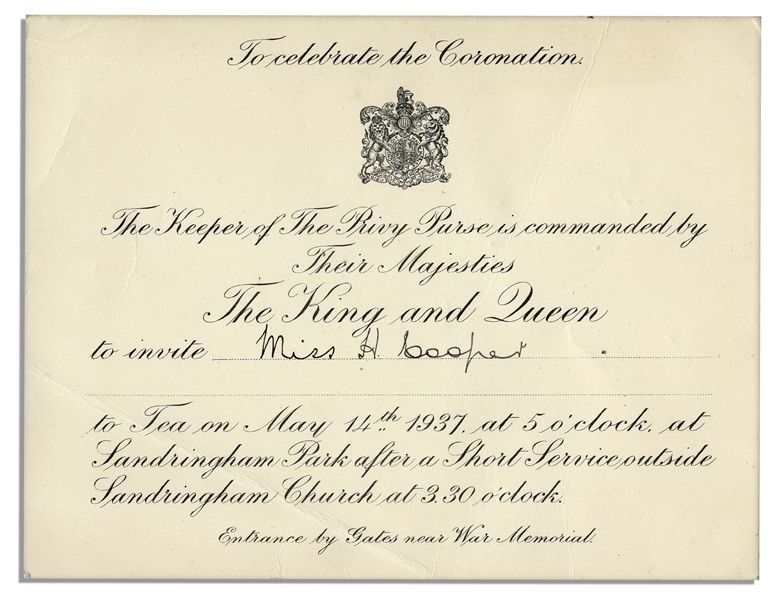 King George VI & Queen Elizabeth Invitation ''To Celebrate The Coronation'' at Sandringham Park Two Days After They Ascended the Throne