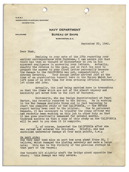 1942 Letter Detailing the Torpedo Damage on the U.S.S. California During the Attack on Pearl Harbor