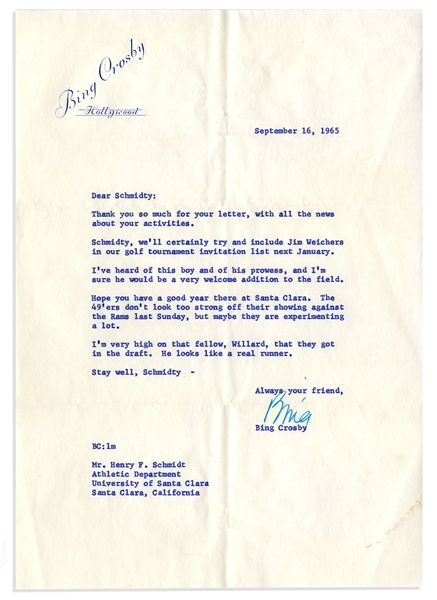 Bing Crosby Typed Letter Signed -- ''...I've heard of this boy and his prowess...'' -- 1965