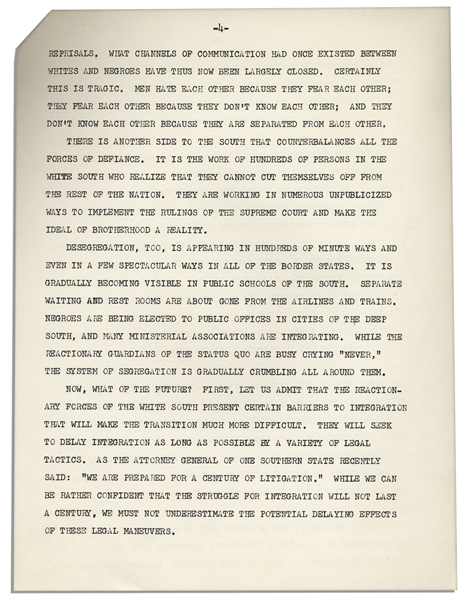 Martin Luther King, Jr. ''The Future of Integration'' Speech Delivered in 1959 -- ''...segregation is at bottom a form of slavery covered up with certain niceties of complexity...''