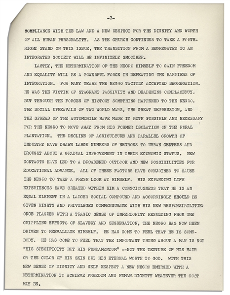 Martin Luther King, Jr. ''The Future of Integration'' Speech Delivered in 1959 -- ''...segregation is at bottom a form of slavery covered up with certain niceties of complexity...''