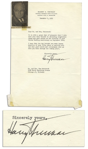 Harry S. Truman Typed Letter Signed from 1955 -- ''...good wishes on the occasion of your Golden Wedding Anniversary...''