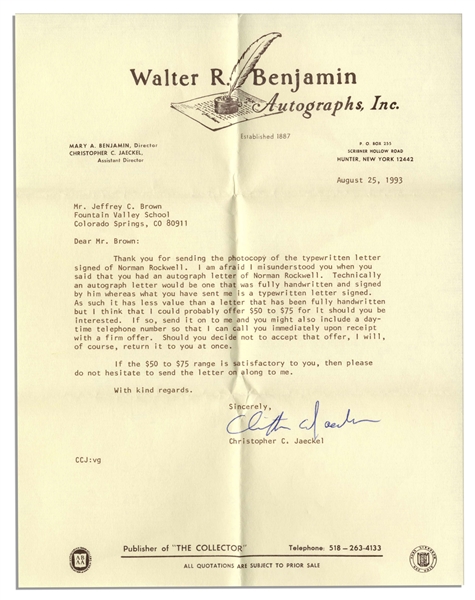 Norman Rockwell Typed Letter Signed -- ''...I am very sorry but I have had to make a rule not to have visitors at my studio...''