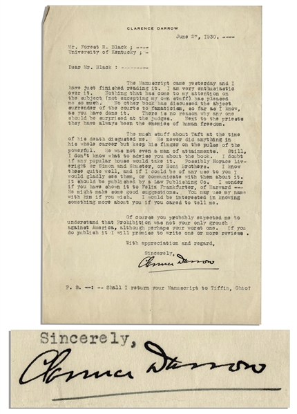 Clarence Darrow Long Letter Signed Regarding Prohibition -- ''...abject surrender of the courts to fanaticism...Next to the priests, [judges] have always been the enemies of human freedom...''