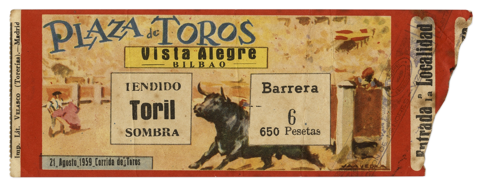 Ernest Hemingway's Own Bullfighting Ticket From 21 August 1959 -- From the ''Plaza de Toros de Vista Alegre'' in Bilbao, Spain -- Hemingway Wrote About This Bullfight in His Final Book