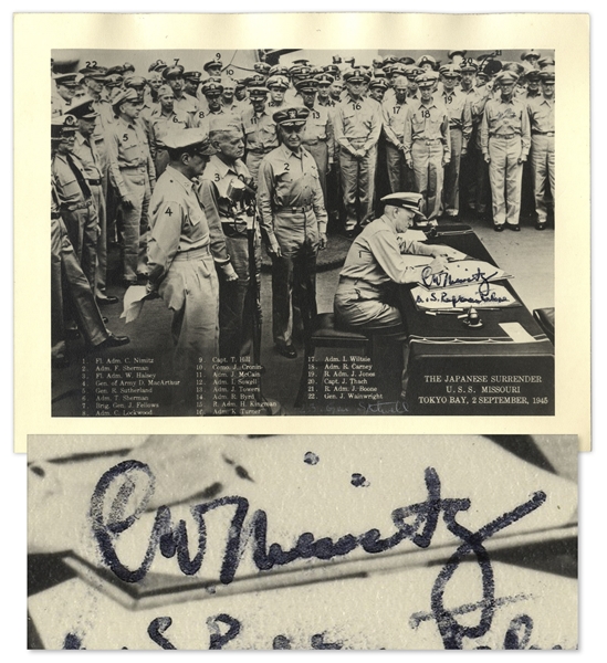 WWII Admiral Chester Nimitz Signed Photograph -- Showing Nimitz Signing the Japanese Surrender Aboard the USS Missouri