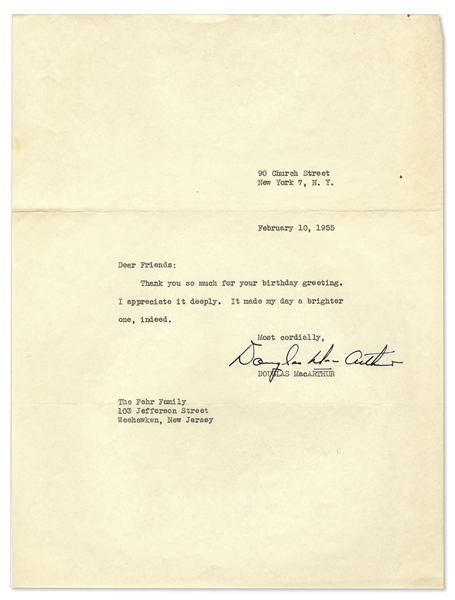 General Douglas MacArthur Typed Letter Signed -- ''...Thank you so much for your birthday greeting. I appreciate it deeply. It made my day a brighter one, indeed...''