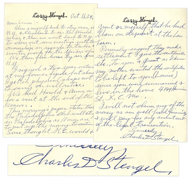 Casey Stengel Autograph Letter Signed -- ''...in regards to trades & winter work for the Yankee club...I signed a two year contract at my former figure...''