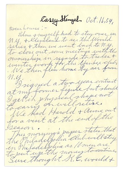 Casey Stengel Autograph Letter Signed -- ''...in regards to trades & winter work for the Yankee club...I signed a two year contract at my former figure...''