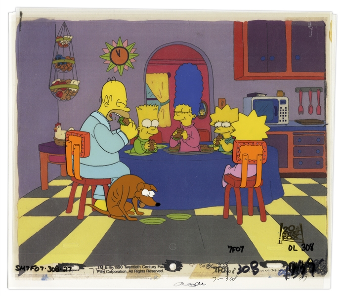 The Simpsons Hand Painted Cels Featuring Simpson Family and Their Dog, Santas Little Helper -- From Season 2 Episode 7, Bart vs. Thanksgiving -- From the Sam Simon Estate