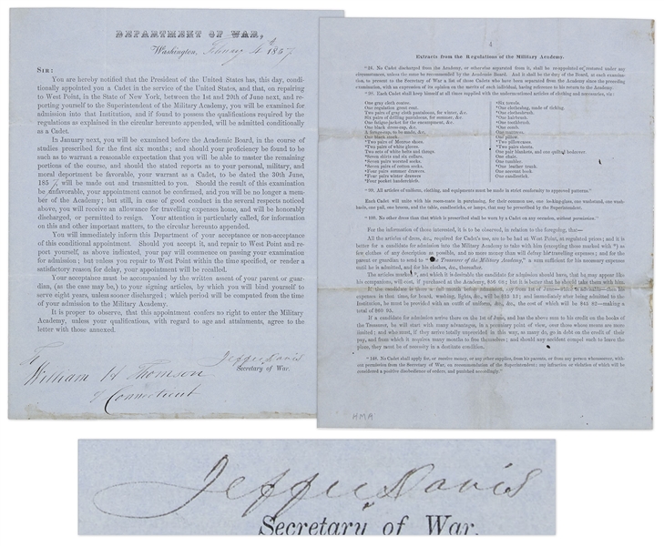 Jefferson Davis Document Signed as Secretary of War in 1857 -- Davis Tells West Point Student That ''...the President of the United States has...conditionally appointed you a Cadet...''